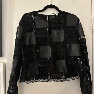 Black Leather and Crochet Patchwork top Size XL